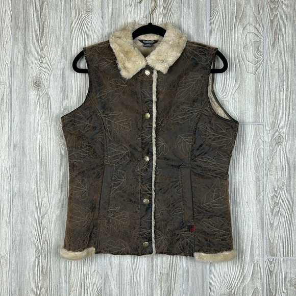 Woolrich Jackets & Blazers - Woolrich Saddle Brown Leaf Embroidered Faux Leather Faux Fur Lined Vest Sz M